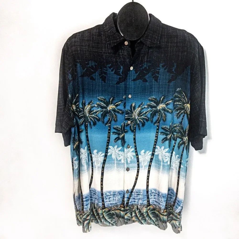 VTG Batik Bay Palm Trees Rayon Camp Shirt Sz XL
